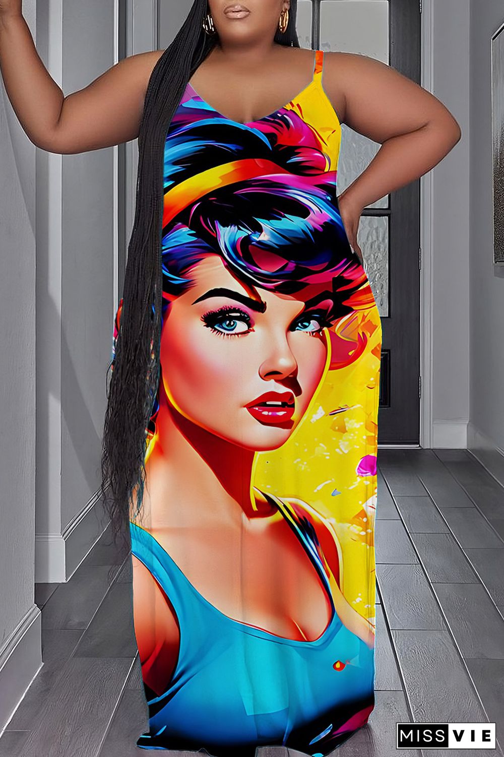 Sexy Casual Print Backless Spaghetti Strap Long Plus Size Dresses