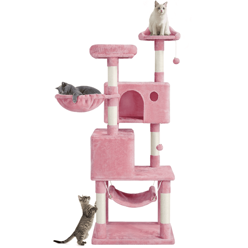 Easyfashion 64'' Multi-level Cat Tree Cat Tower with Condos and Scratching Posts， Pink