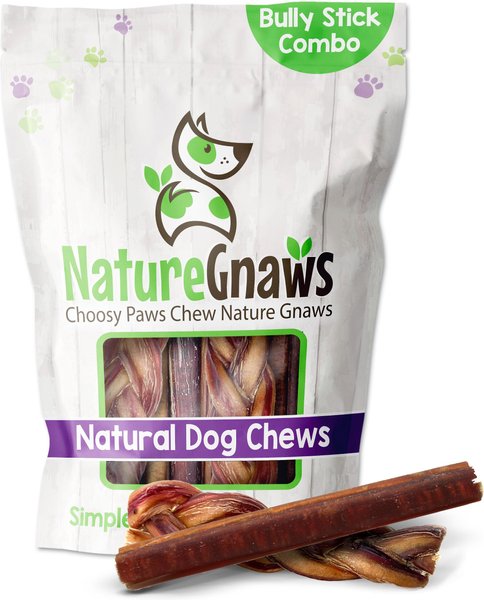 Nature Gnaws Large Bully Stick and Braided Bully Stick Combo Dog Treats， 6 count