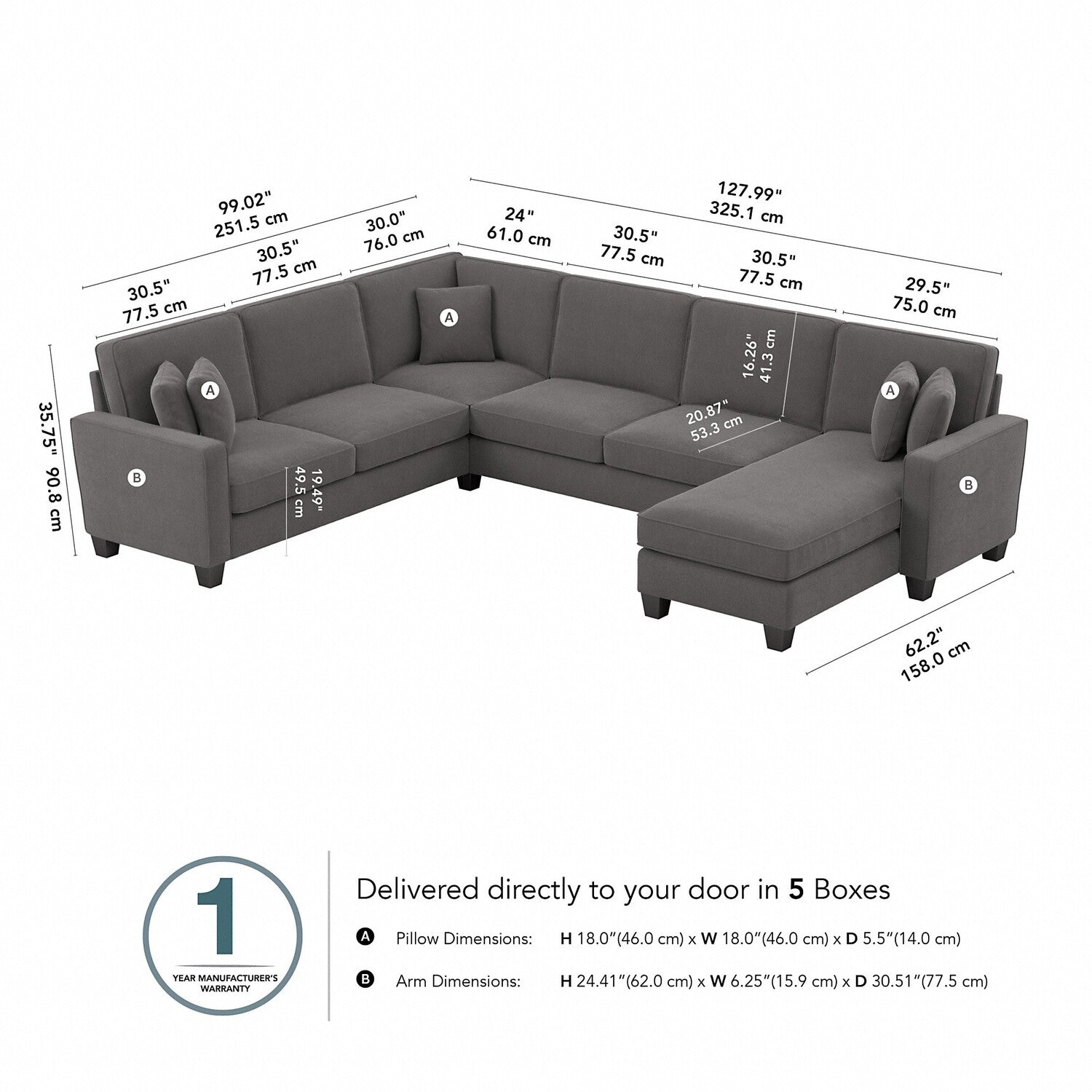 Bush Furniture Stockton 127W U Shaped Sectional Couch with Reversible Chaise Lounge