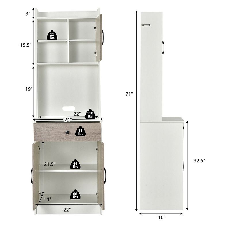 3-Door 71 Inch Kitchen Buffet Pantry Storage Cabinet with Hutch and Adjustable Shelf