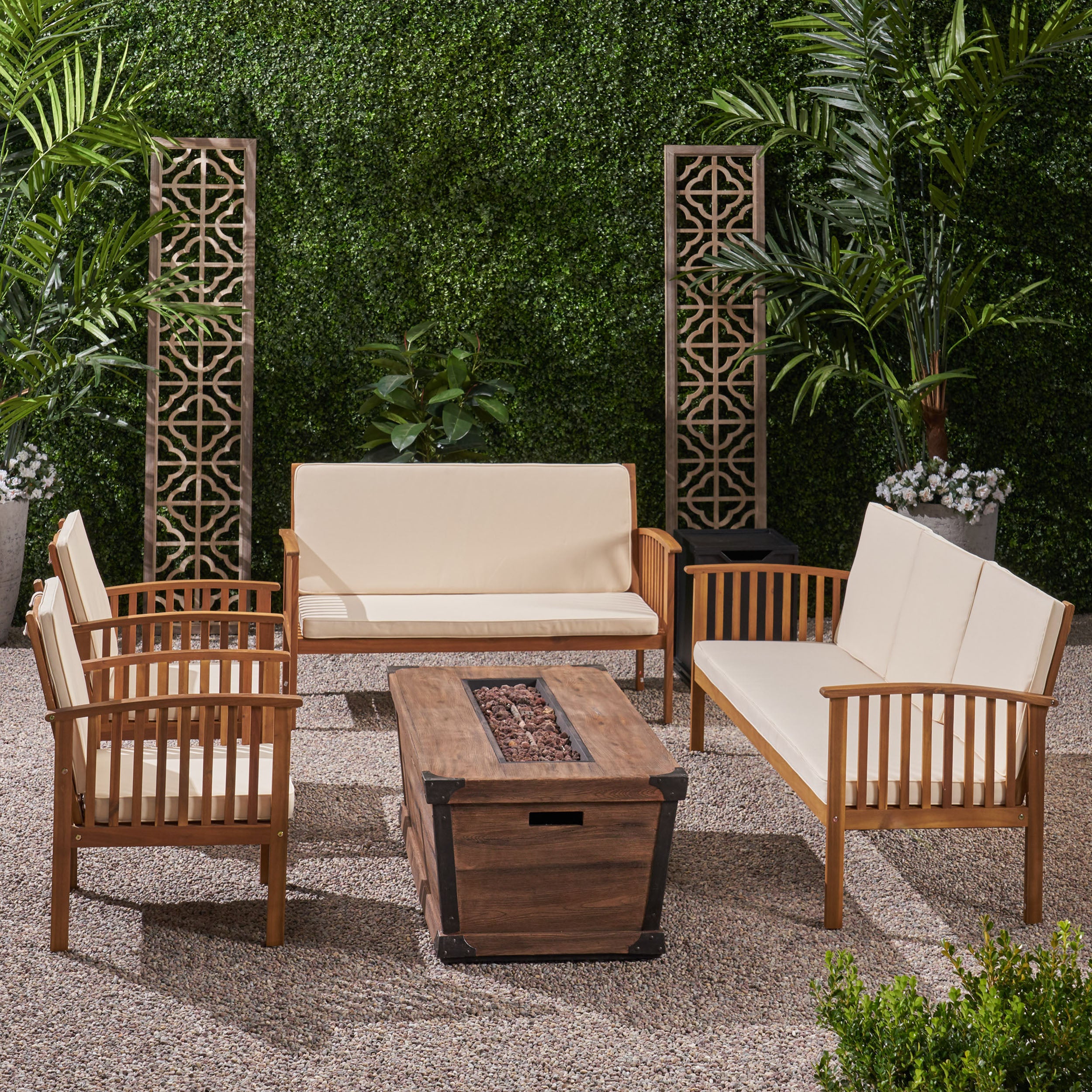 Beckley Outdoor 4 Piece Acacia Wood Conversational Set with Cushions and Fire Pit