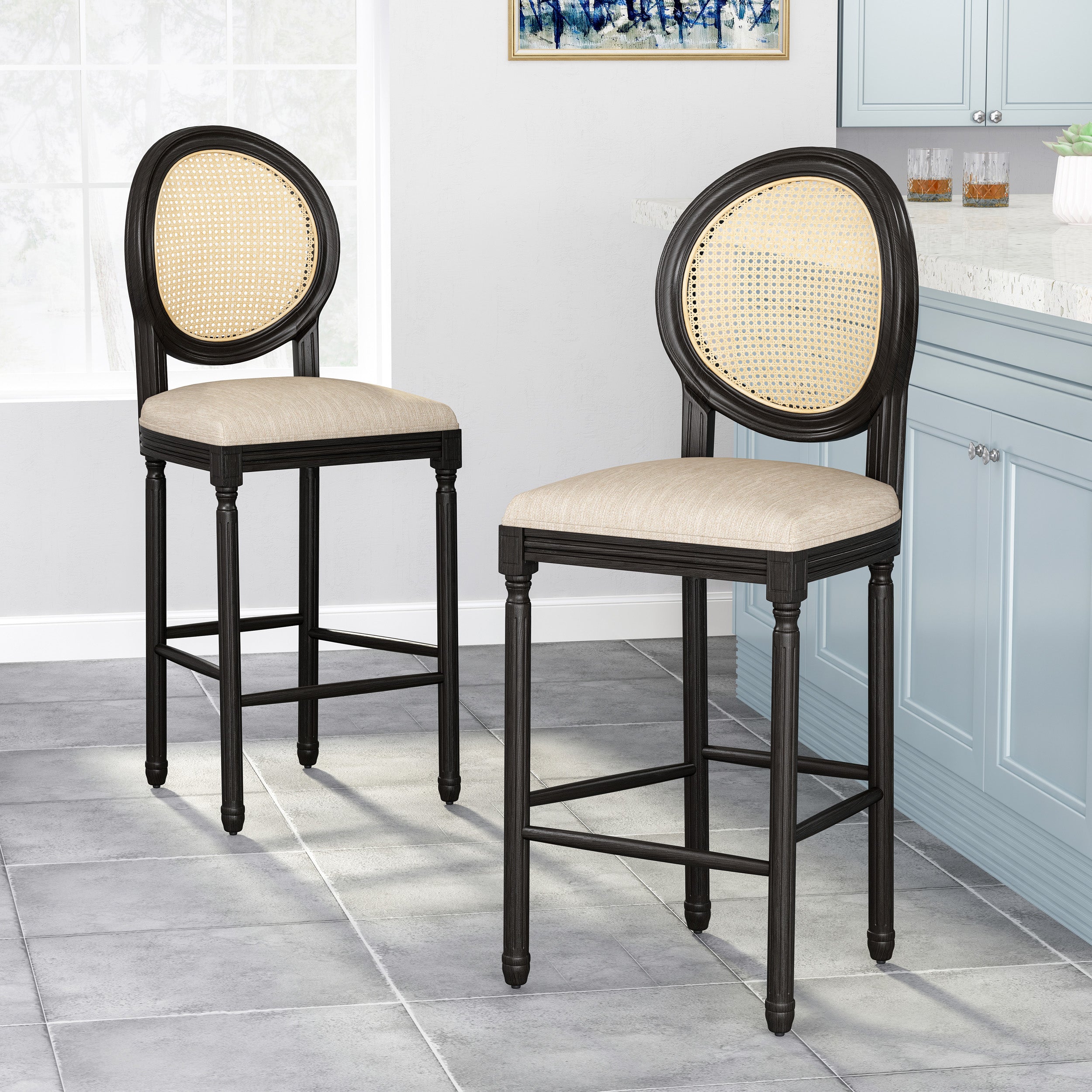 Towner French Country Wooden Barstools with Upholstered Seating (Set of 2)