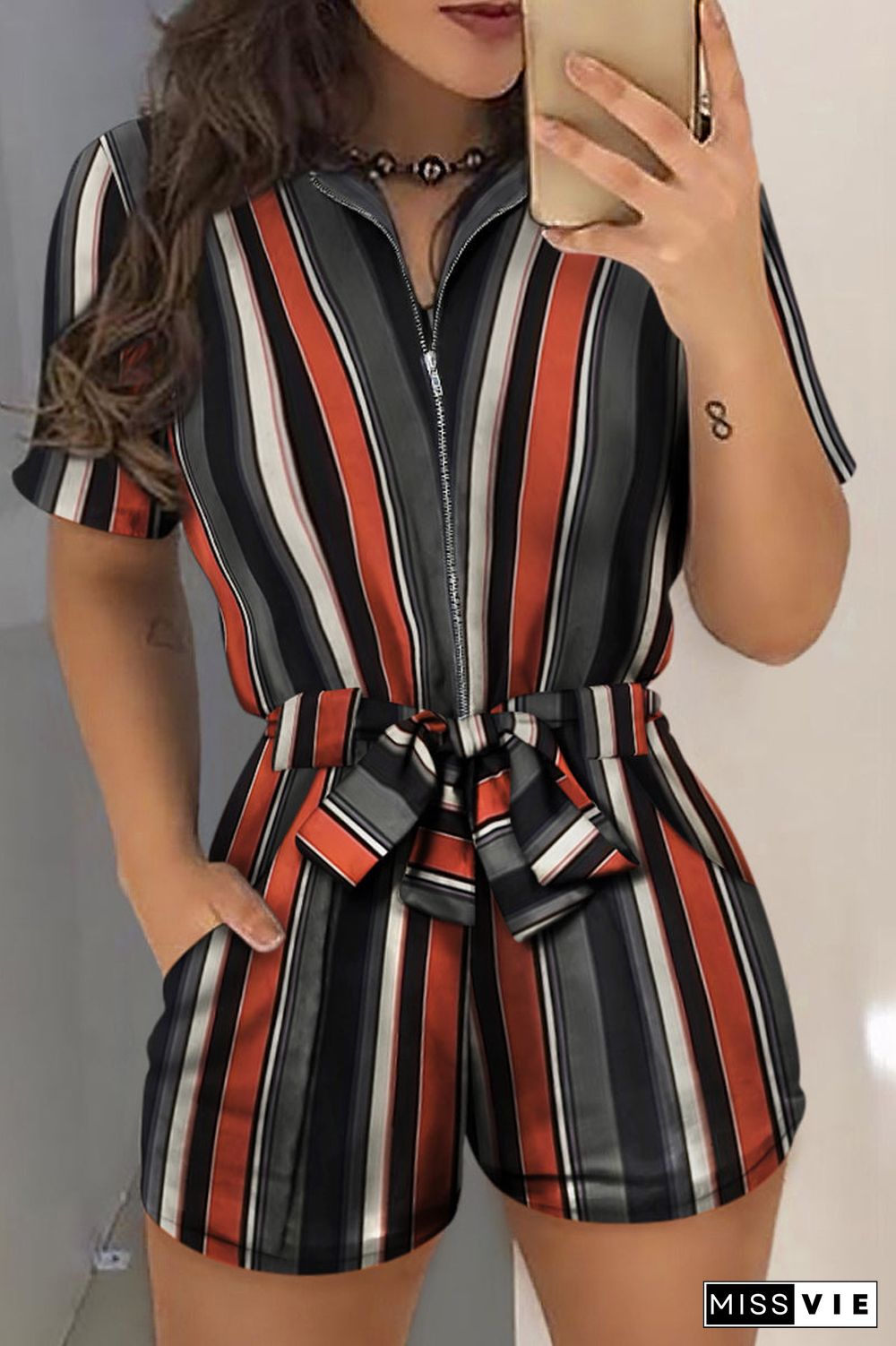 Stripe Print Belted Zipper Romper