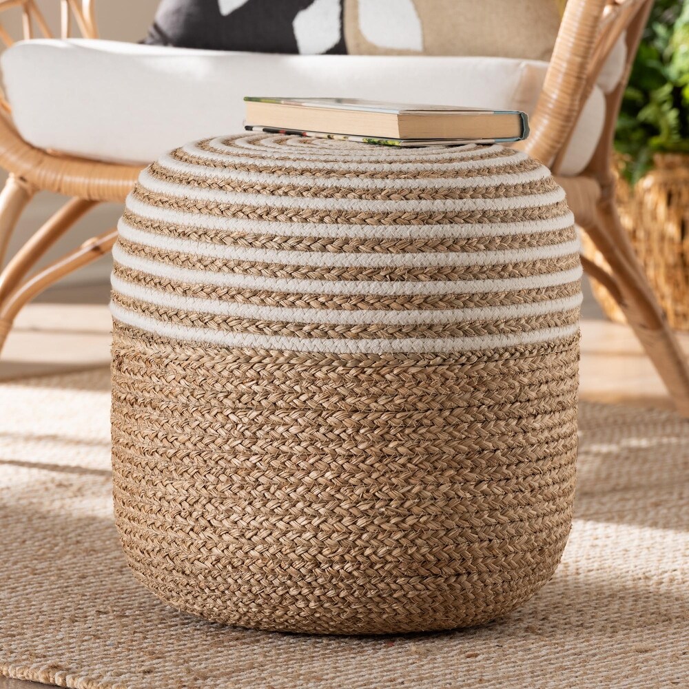 Nequiel Modern Bohemian Natural Brown Seagrass and Woven Rope Ottoman Footstool