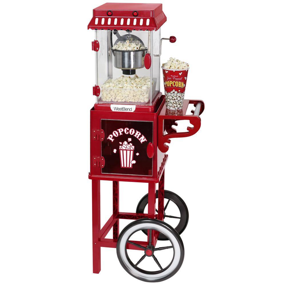 West Bend Popcorn Cart 2.5 oz Non-Stick Stainless Steel Kettle Makes 10 Cups Cabinet Built-In Light with Spoon  Scoop PCMC20RD13