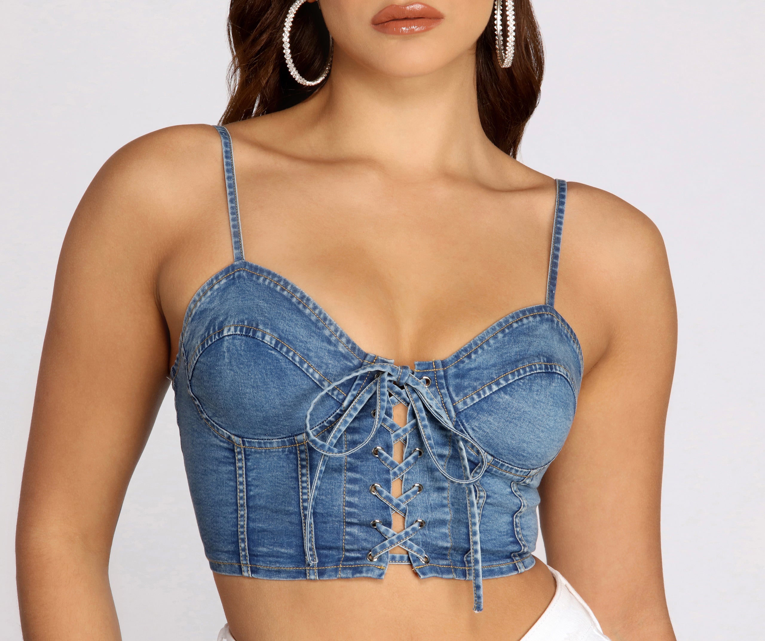 Denim Sweetheart Lace Up Crop Top