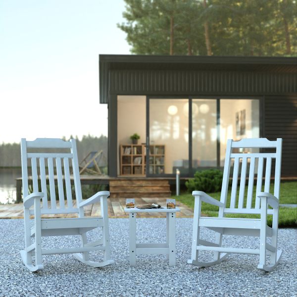 Set of 2 Winston All-Weather Poly Resin Rocking Chairs with Accent Side Table in White