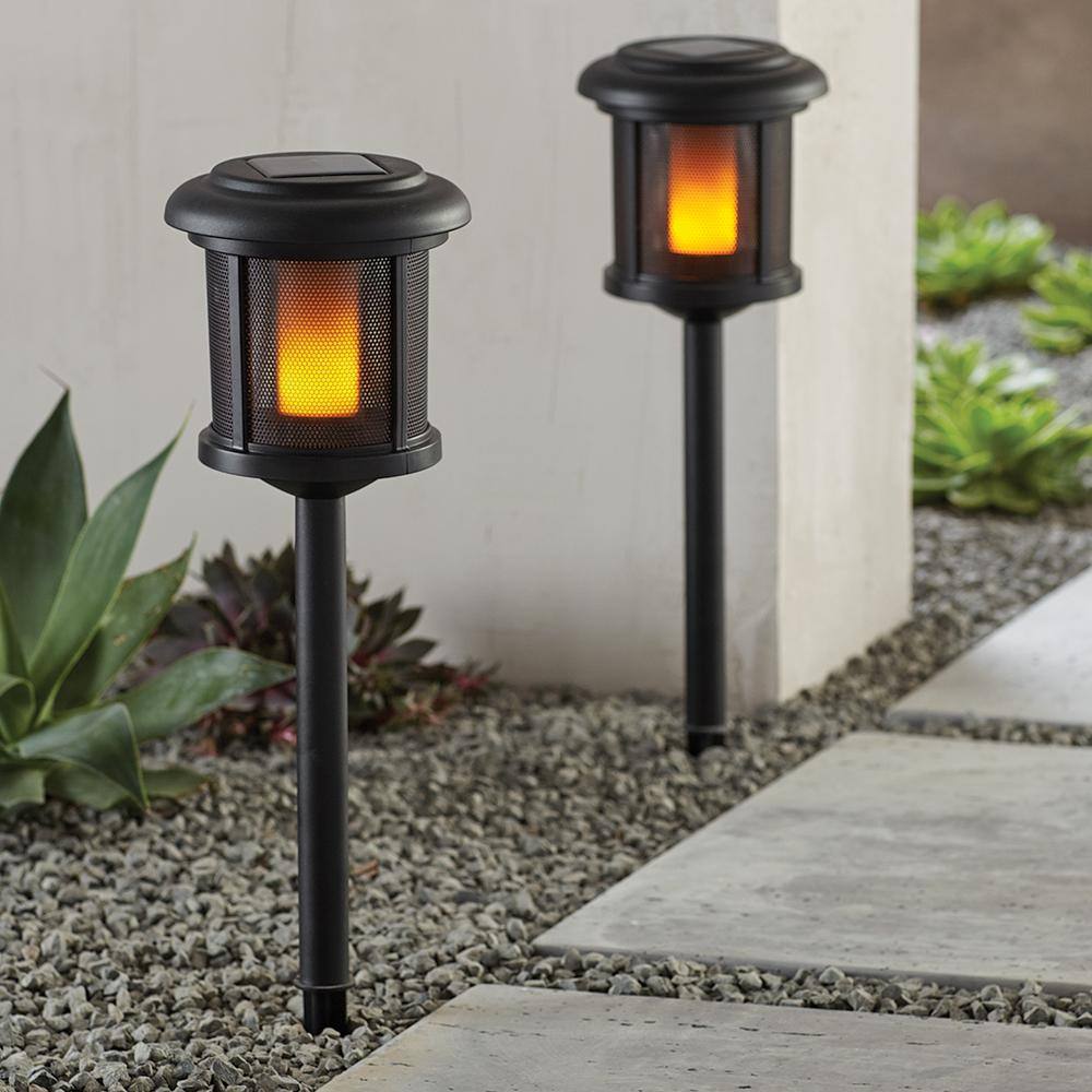 Hampton Bay Ambrose Solar 6 Lumens Black Outdoor Integrated LED Flicker Flame Path Light (2-Pack) WeatherWaterRust Resistant 91999