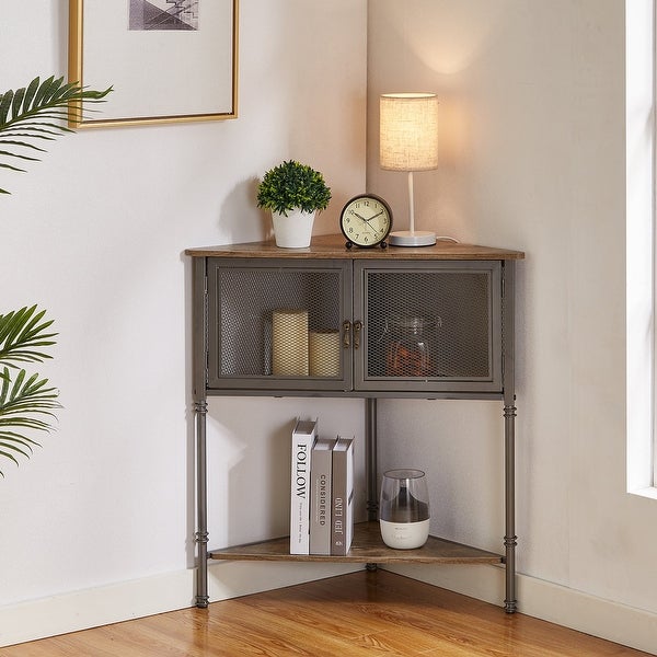 Triangle Side Table Set of 2 Corner Table with 3-tier Storage Shelf， Rustic Brown