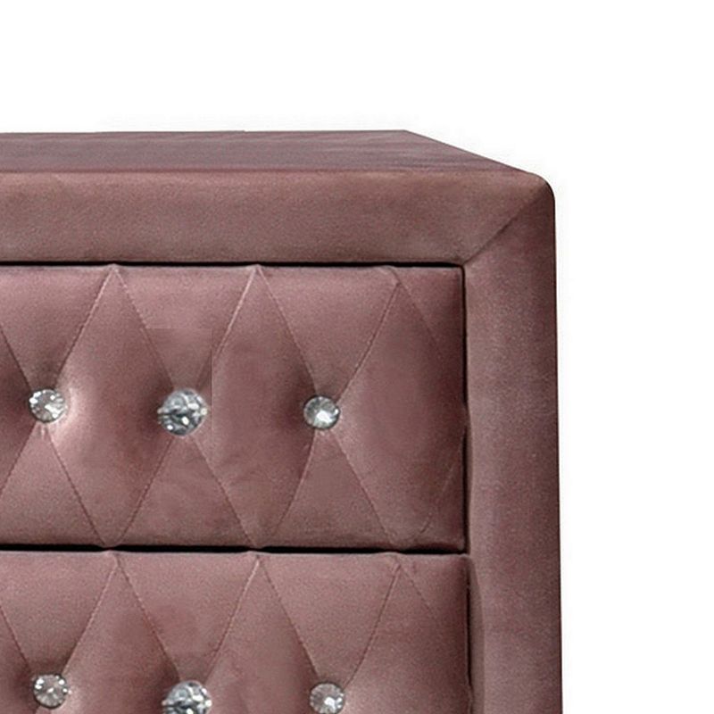 Rex 17 Inch Modern Upholstered Nightstand， 2 Drawer， Crystal Handles， Pink