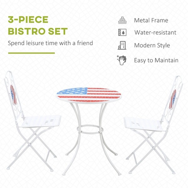 3Piece Patio Bistro Set with Folding USA Mosaic Table and Chairs，Portable Metal Frames