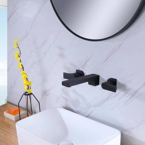 Tahanbath Double-Handle Wall Mounted Bathroom Faucet with HotCold Indicators in Matte Black CT-DB771MB-B