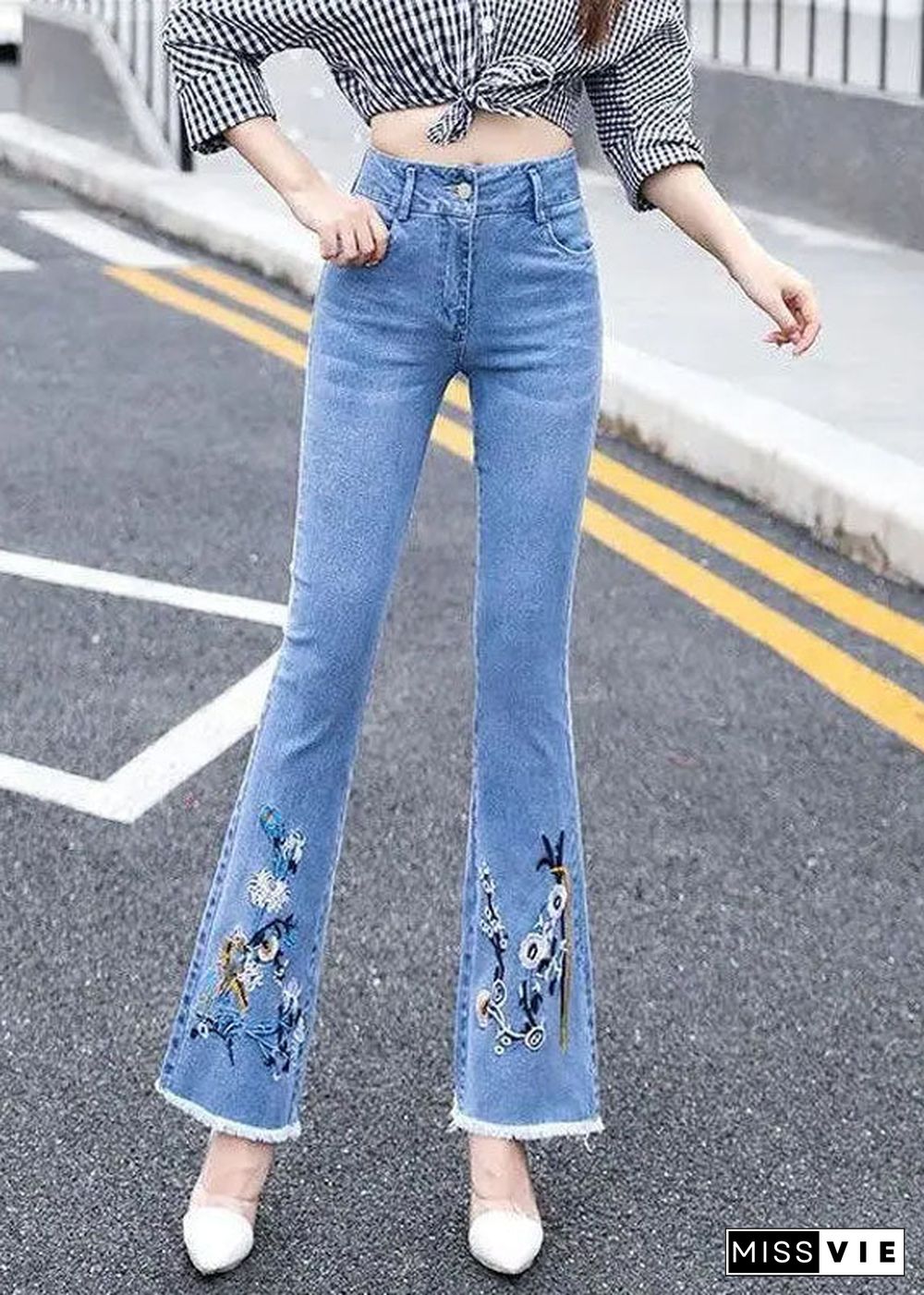 Classy Blue Slim Fit High Waist Embroideried Cotton Denim Flare Pants Summer