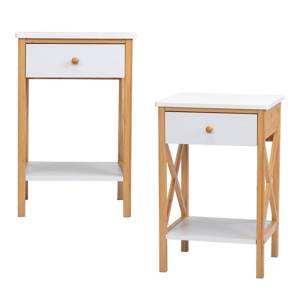 Bamboo Nightstand Set of 2， Wood End Table with Drawer， X-Shape Frame