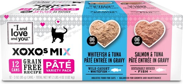 I and Love and You XOXO Salmon and Whitefish Pate Grain-Free Variety Pack Canned Cat Food， 3-oz can， case of 12