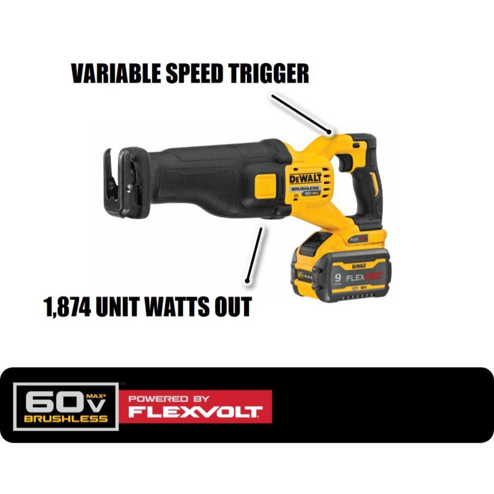 DW FLEXVOLT 60V MAX Cordless Brushless Reciprocating Saw and 20V 6-12 in. Circular Saw with (2) FLEXVOLT 9.0Ah Batteries DCS389X2WDCS391