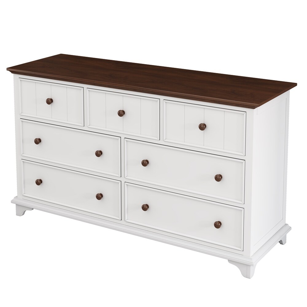 61inch Wooden 7 Drawer Dresser for Bedroom Living Room White+Walnut