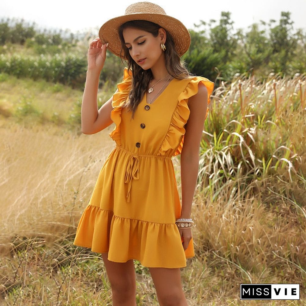 Women Summer Dress Casual Boho Beach Ruffles Mini Dress Party Sexy V-Neck High Waist Female Dresses