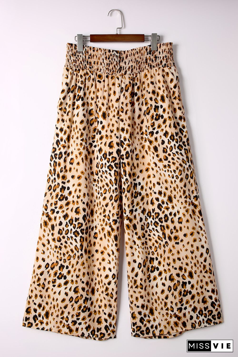 Leopard Plus Size Smoked High Waist Wide Leg Pants