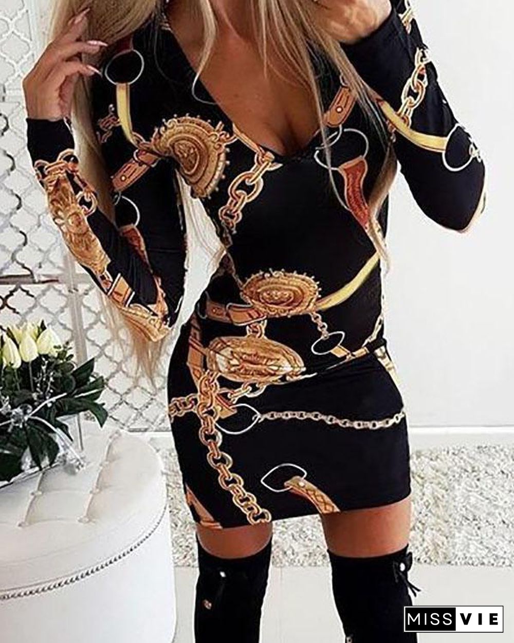 Womens Deep V Neck Dresses Floral Midi Dresses Print Long Sleeve Bodycon Dress