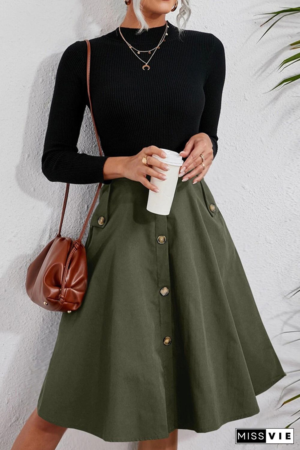 Army Green Button Down Pocket Flowy Skirt