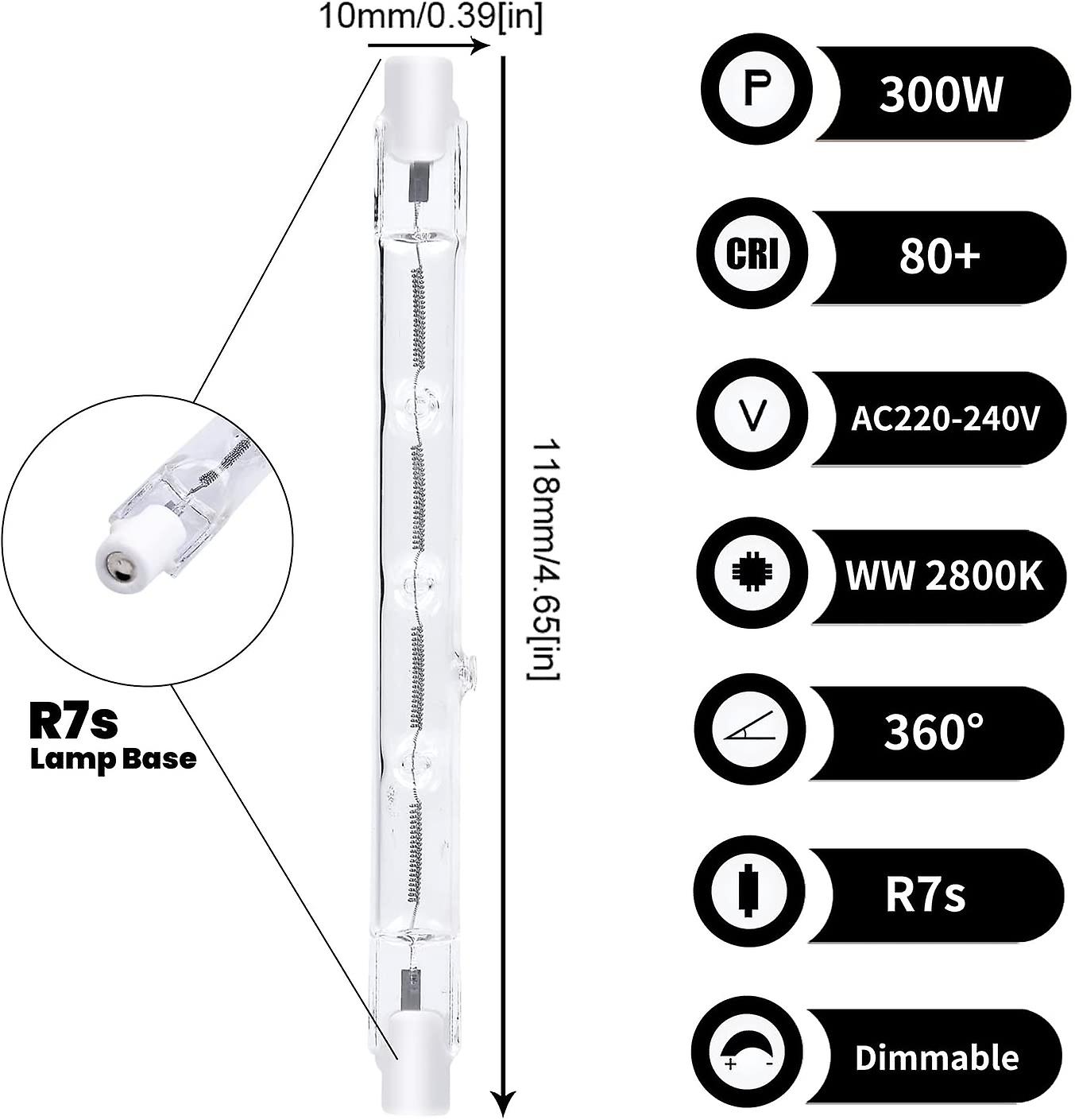 118mm R7s Dimmable Halogen Pencil Light Bulb 300w Warm White 2800k R7s Linear 3000lm Ac220-240v J118 Linear Floodlight(5pcs)[energy Class A++]