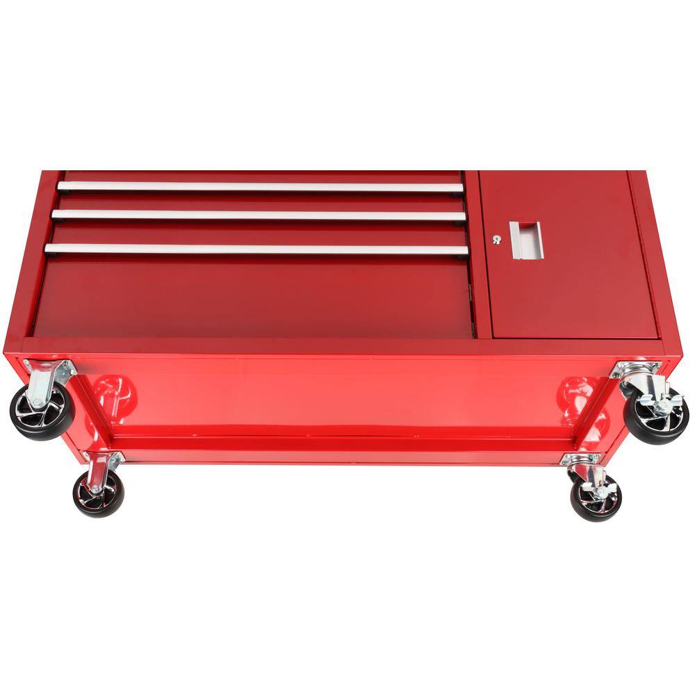 Husky 56 in. W x 25 in. D Standard Duty 5-Drawer 1-Door Mobile Workbench Tool Chest with Solid Wood Top in Gloss Red H56MWC5GRXD