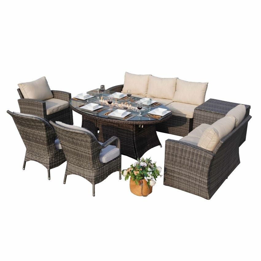 7 Piece Patio Gray Conversational Sofa Set with Oval Firepit Dining Table and 2 Dining Chairs(Table is Brown)