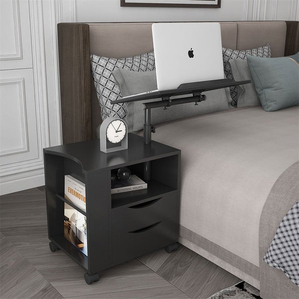 Height Adjustable Overbed End Table Wooden with Swivel Top， Black