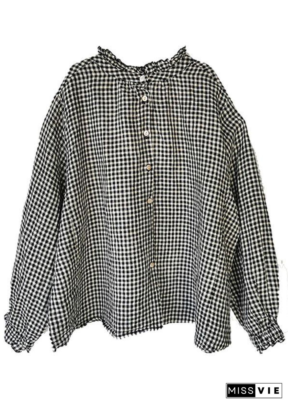 Art Black White Plaid Button Ruffled Fall Long sleeve Blouse Top