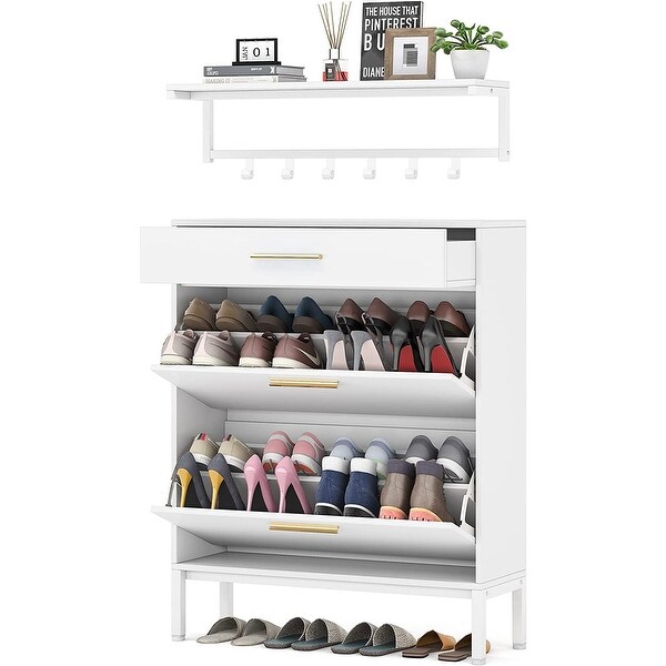 Shoe Cabinet Flip Drawer and Wall Mounted Coat Shelf Set - - 36100544