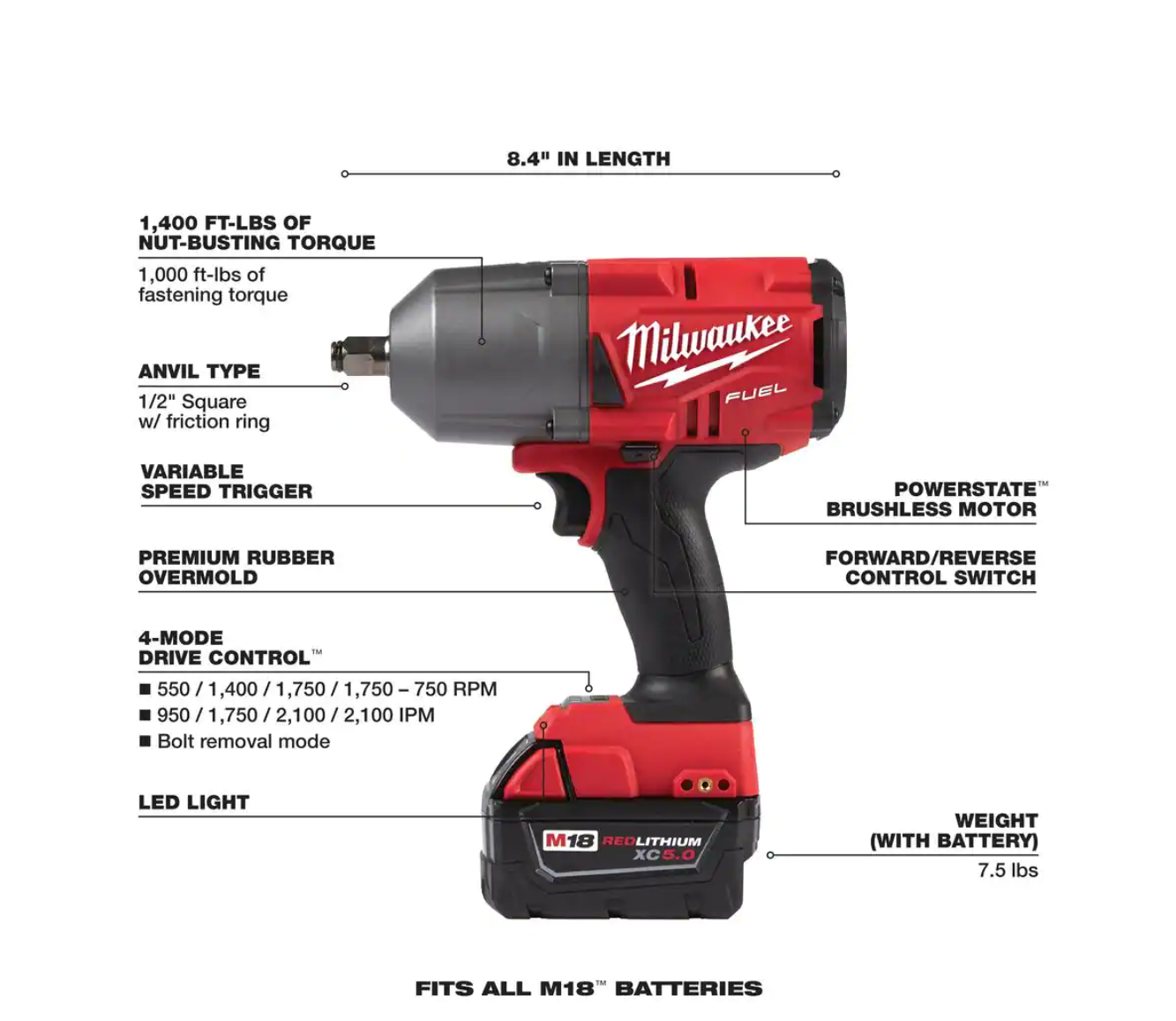 Milwaukee 2767-22 M18 FUEL 18V Lithium-Ion Brushless Cordless 1/2 in. Impact Wrench with Friction Ring Kit With Two 5.0 Ah Batteries