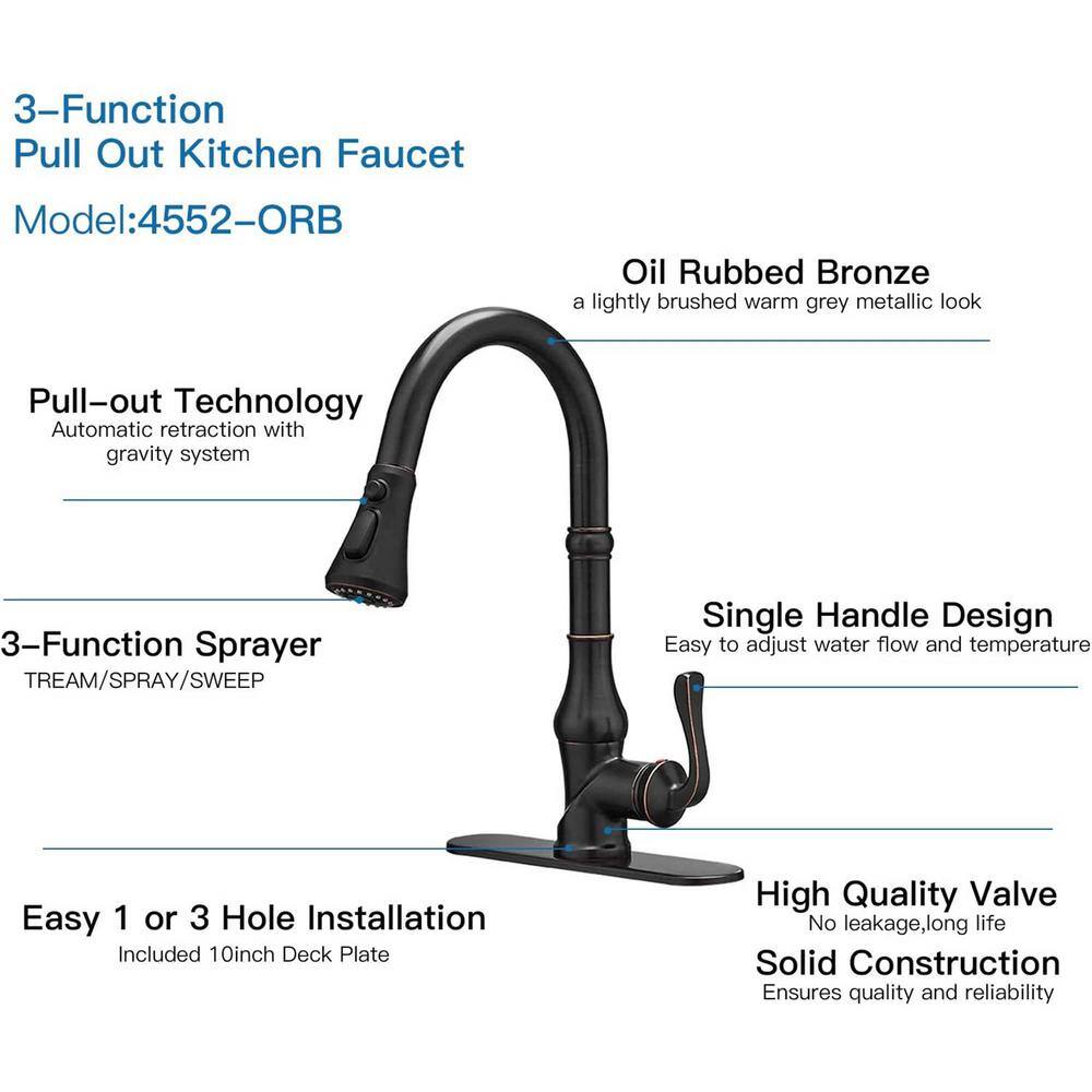 FLG Single-Handle Deck Mount Gooseneck Pull Down Kitchen Faucet with Sprayer and Deckplate Included in Oil Rubbed Bronze LE-0017-ORB