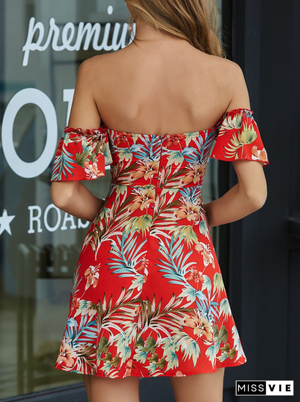 Tropical Floral Print Drawstring Peekaboo Bardot Beach Hot Dress