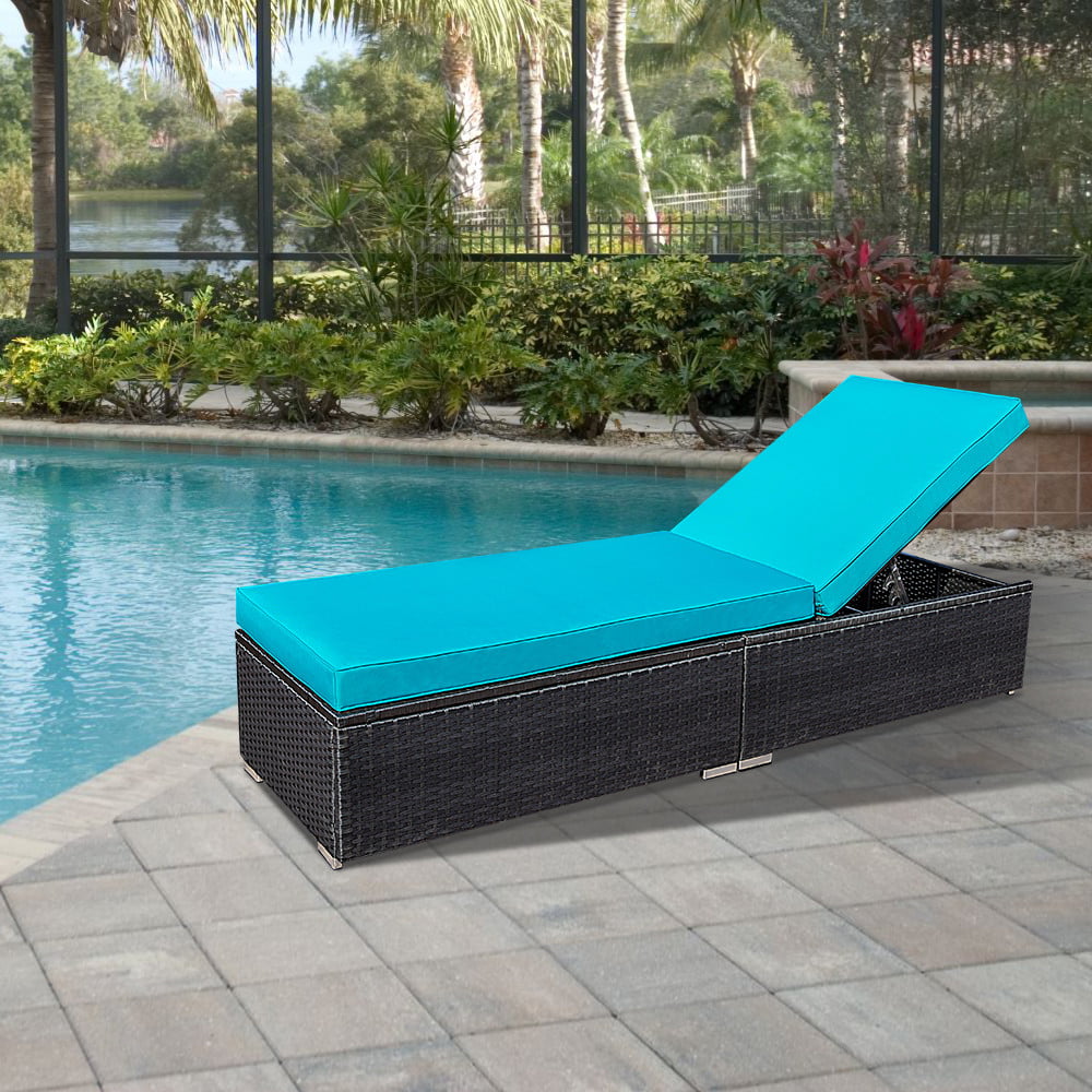 Outdoor Patio Lounge Chair Adjustable Chaise Long Rattan Chair, Wicker Chaise Additional Recliner Chair Patio Furniture, Black Wicker Blue Cushions