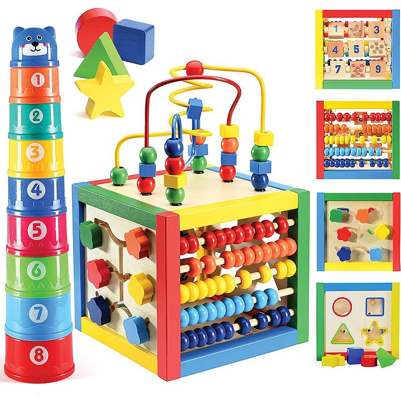 Wooden Activity Play Cube 6 in-1 for Baby with Bead Maze， Shape Sorter， Abacu， Sliding Shapes