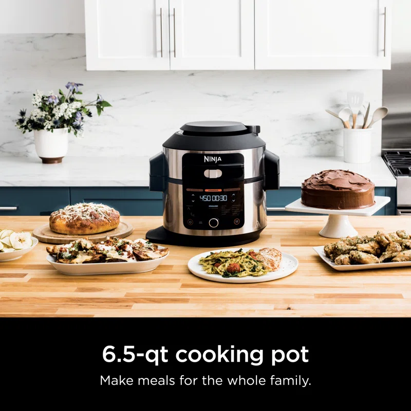 Ninja OL501 Foodi 6.5 Qt. 14-in-1 Pressure Cooker Steam Fryer with SmartLid， that Air Fries， Proofs and More， with 2-Layer Capacity， 4.6 Qt. Crisp Plate and 25 Recipes， Silver/Black