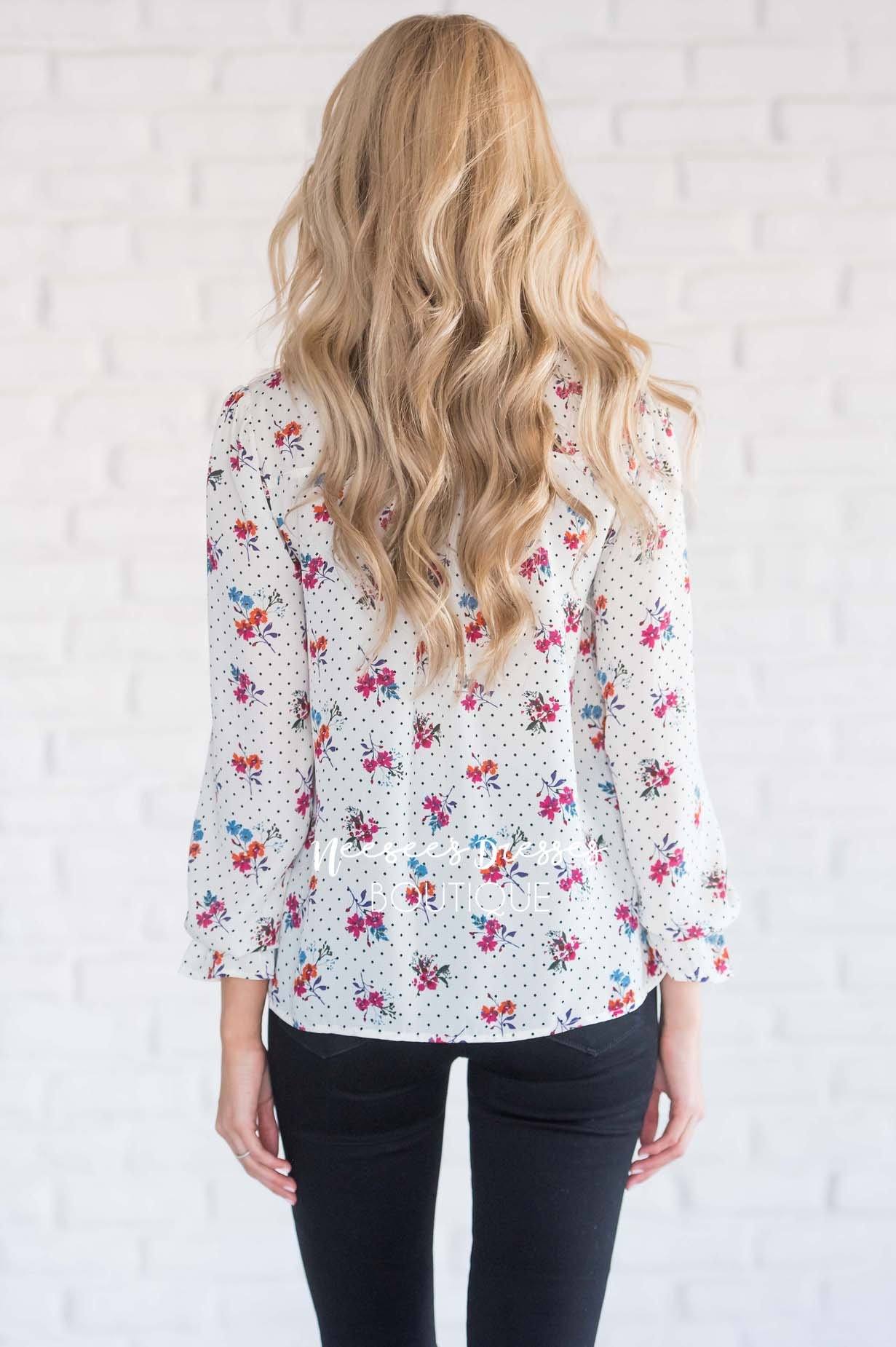 Ruffle Neck Polka Dot Floral Blouse