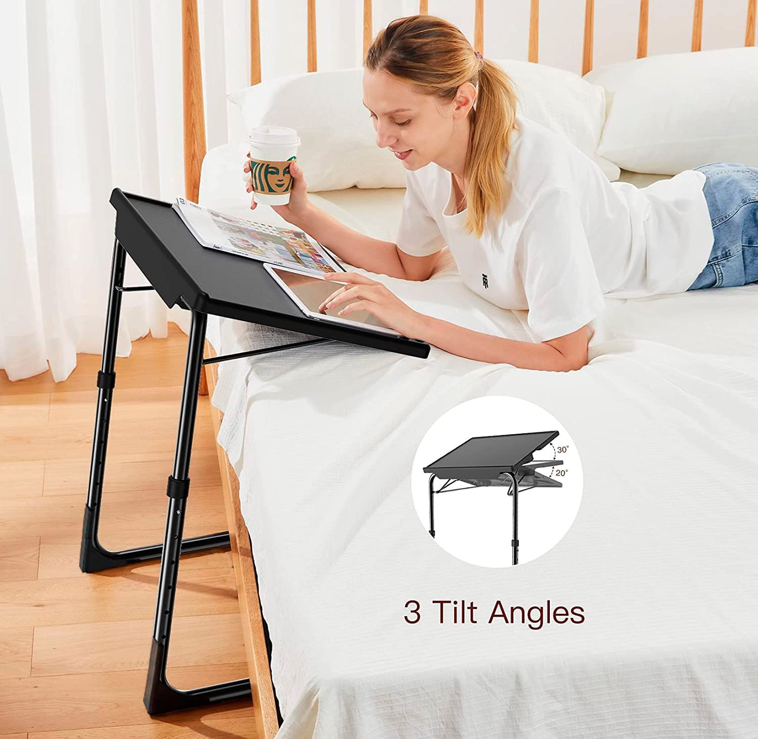 Portable Foldable 6 Height & 3 Tilt Angles Adjustable TV Tray Table TV Dinner Tray Sofa Desk for Home Office,1 Pack