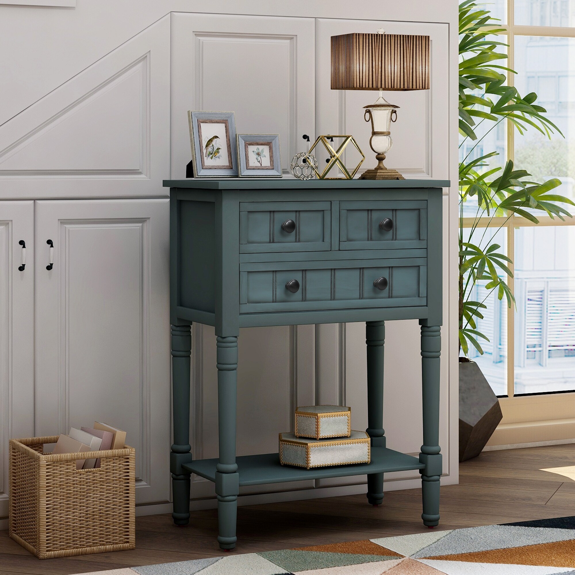 Navy Blue Wood Entryway Console Table with 3 Storage Drawers