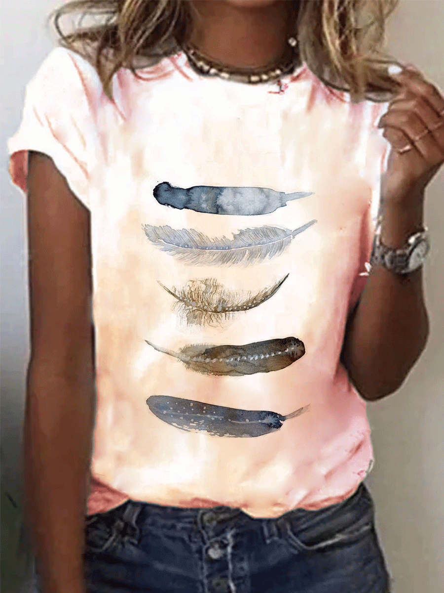 Fashion Feather Print Round Neck Short Sleeve Casual T-shirt