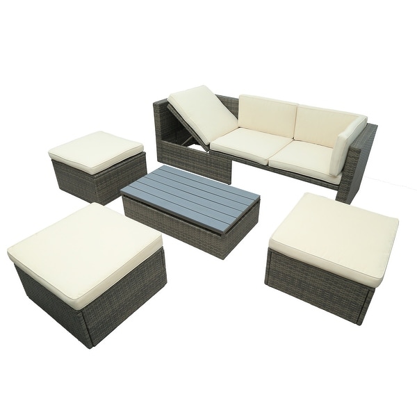 5Piece PE Wicker Sofa Set with Adjustable Backrest，Ottomans，and Lift Top Table