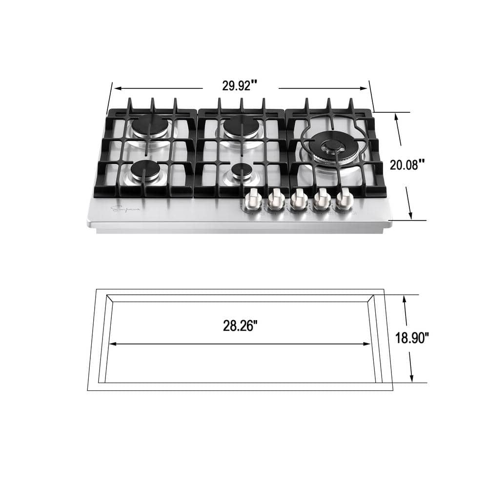 Empava 30 in BuiltIn Gas Cooktop in Stainless Steel with 5 Burners Gas Stove Including A 18000 BTU Power Burner