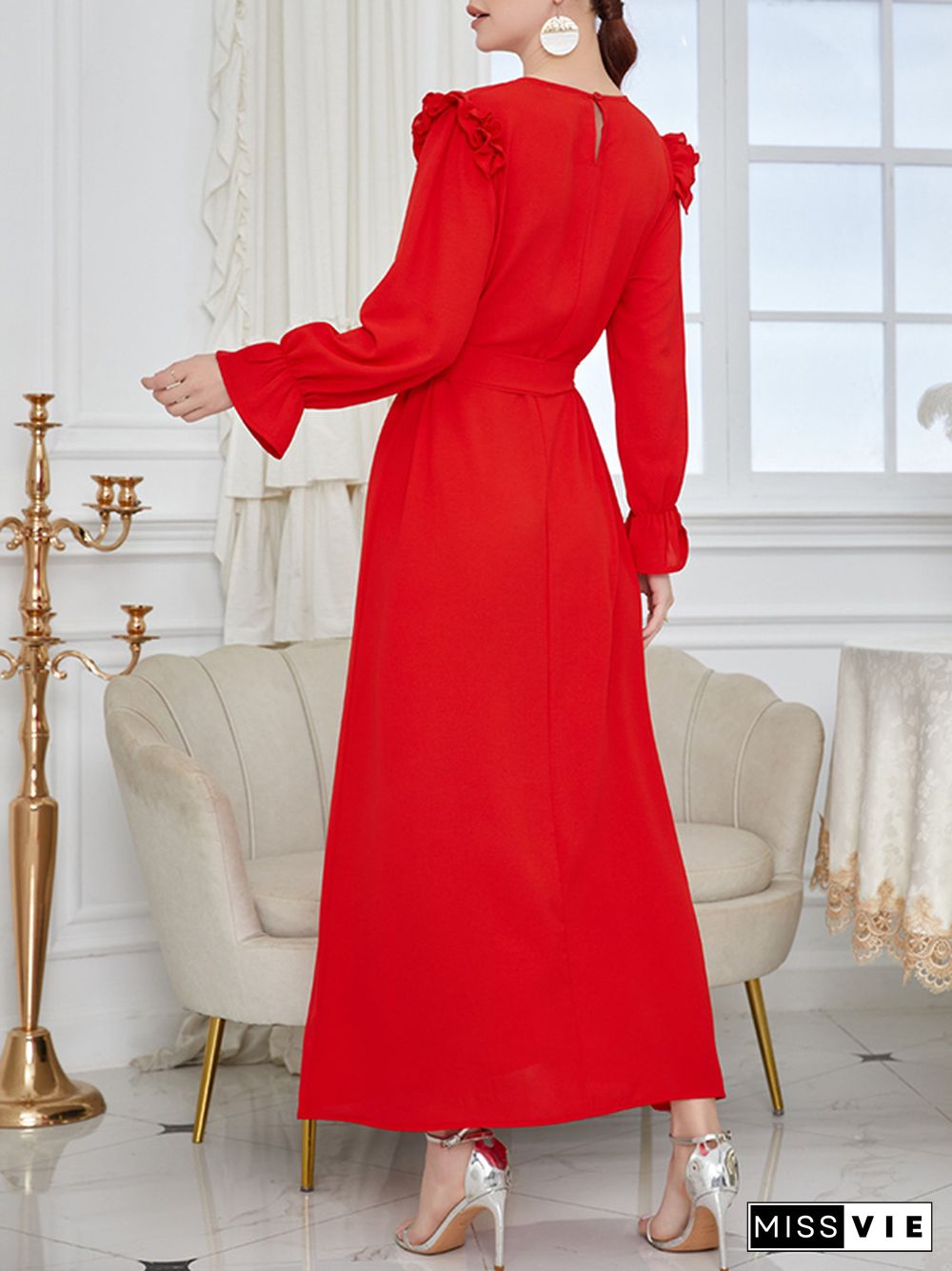 Ruffle Sleeves Belted Solid Color Round-Neck Maxi Dresses