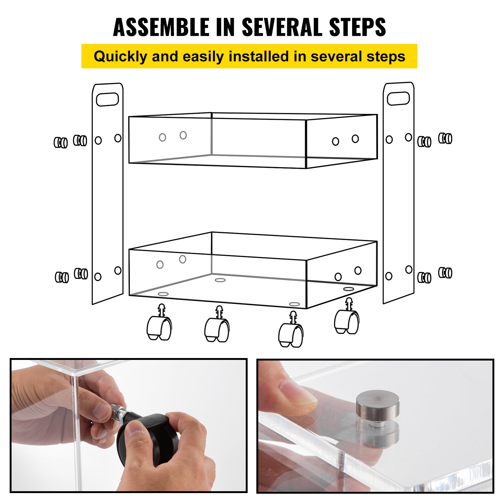 VEVOR Acrylic Cart， 2 Tier， 0.3 in Thickened Board， Holds Up to 66 lbs， Acrylic Side Table with Lockable Swivel Wheels， for Office School Home， 13.4 x 15.7 x 19