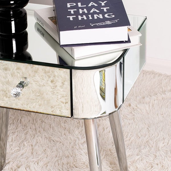 Mirrored Accent Table 1 Drawer Silver Curved Corners