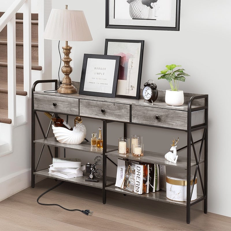 Console Table with Outlets and USB Ports， Narrow Entryway Table with 3-Drawer