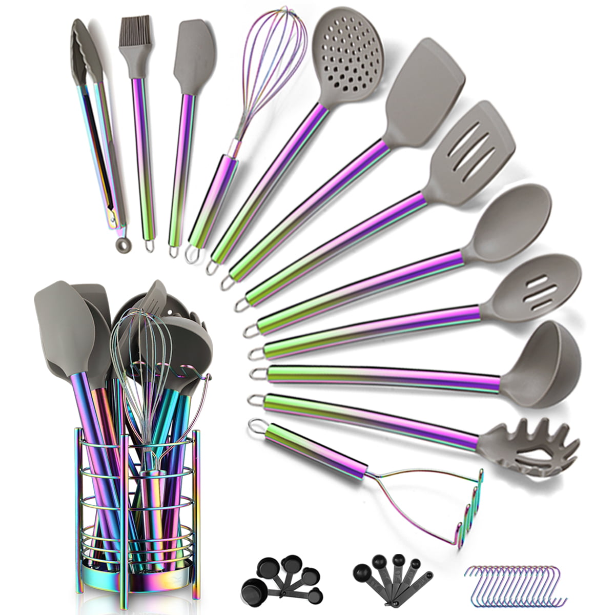 Just Houseware 38pcs Rainbow Silicone kitchen Cooking Utensils Set with Utensil Crocks, Silicone Head and Stainless Steel Handle Non-Stick Cookware, Kitchen Tools