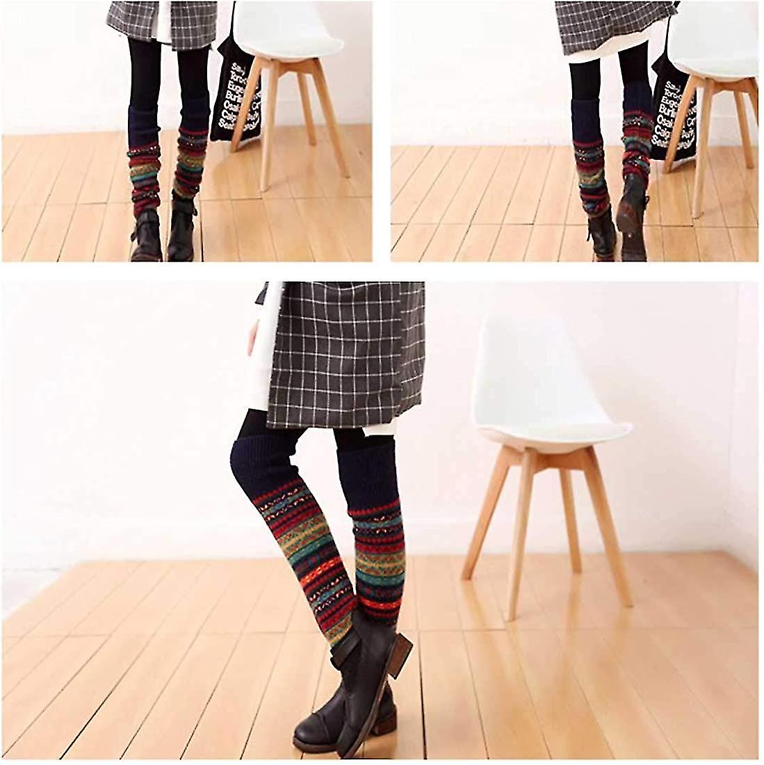 Women Leg Warmer Striped Ethnic Knitting Wool Footless Knee High Boot Socks